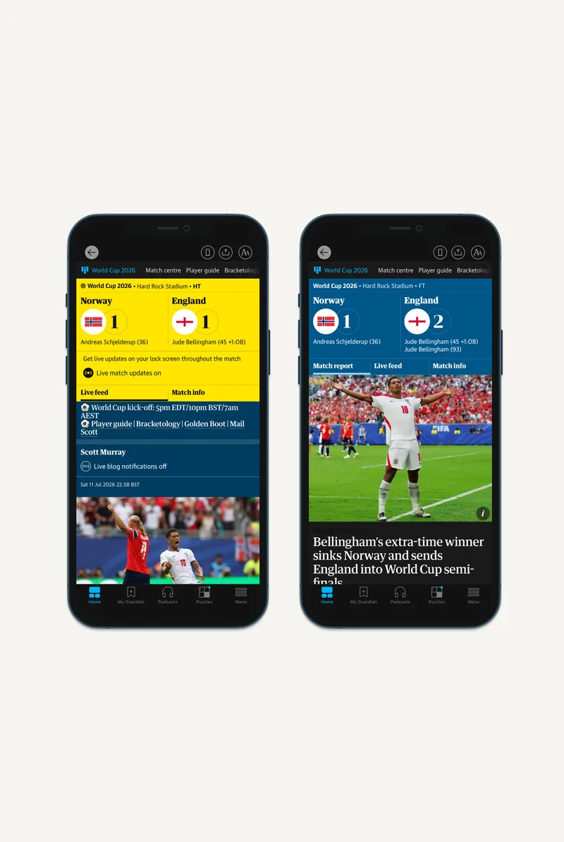 Live Sports screens from The Guardian app