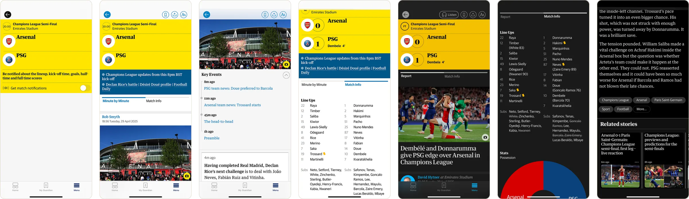Seven screens of the old app match experience for Arsenal v PSG, from before kick-off through the live blog and match info to the match report and related stories