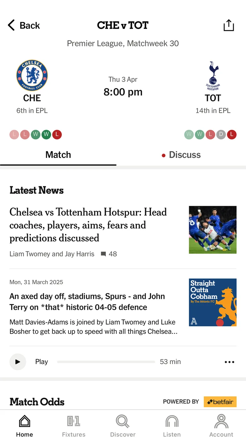 The Athletic match page with latest news