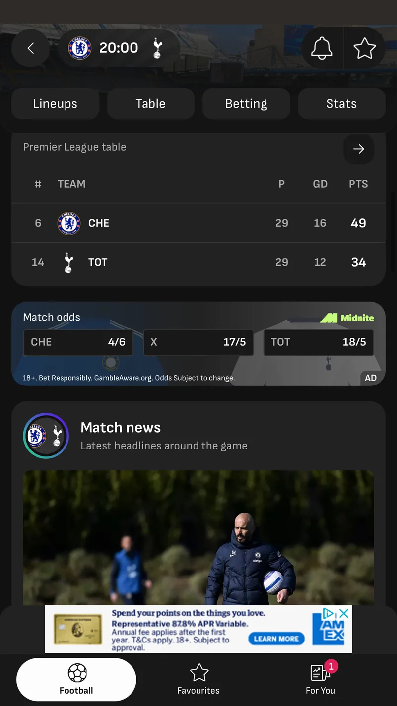 LiveScore match page with league table and news