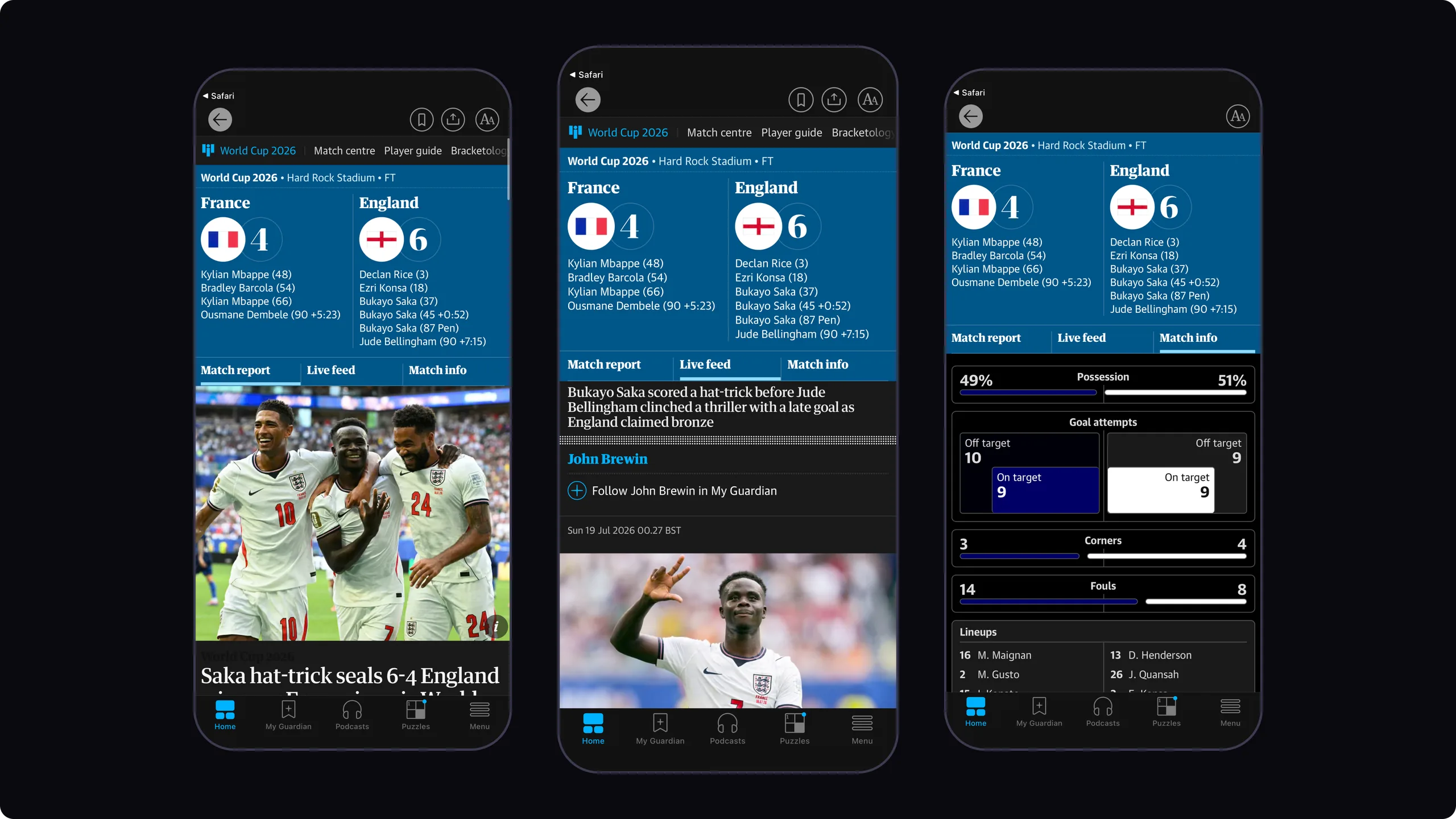 Three screens of the redesigned World Cup match page in The Guardian app: match report, live feed and match info