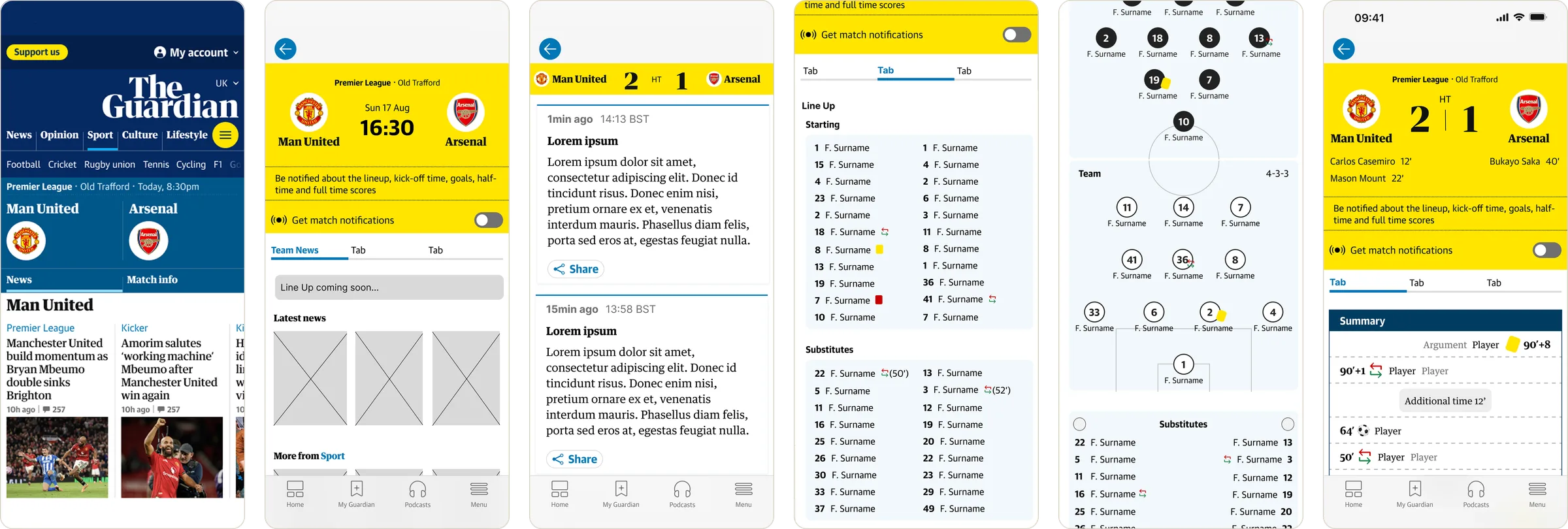 Six early ideas: a web match page with team news, match details before kick-off, a scorecard that stays in view, line-ups and substitutes, line-ups on a pitch, and a scorecard with a match summary