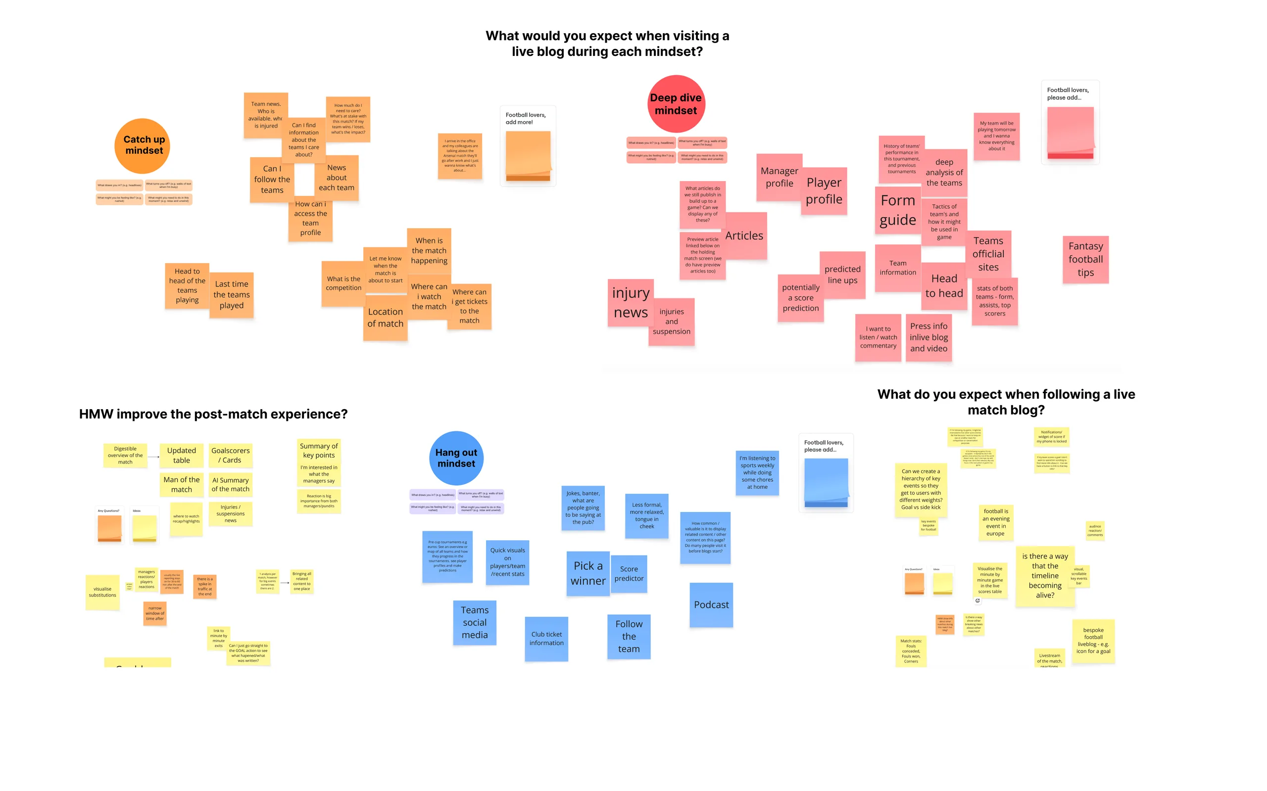 Workshop board of sticky notes grouped by catch-up, deep dive and hang-out mindsets