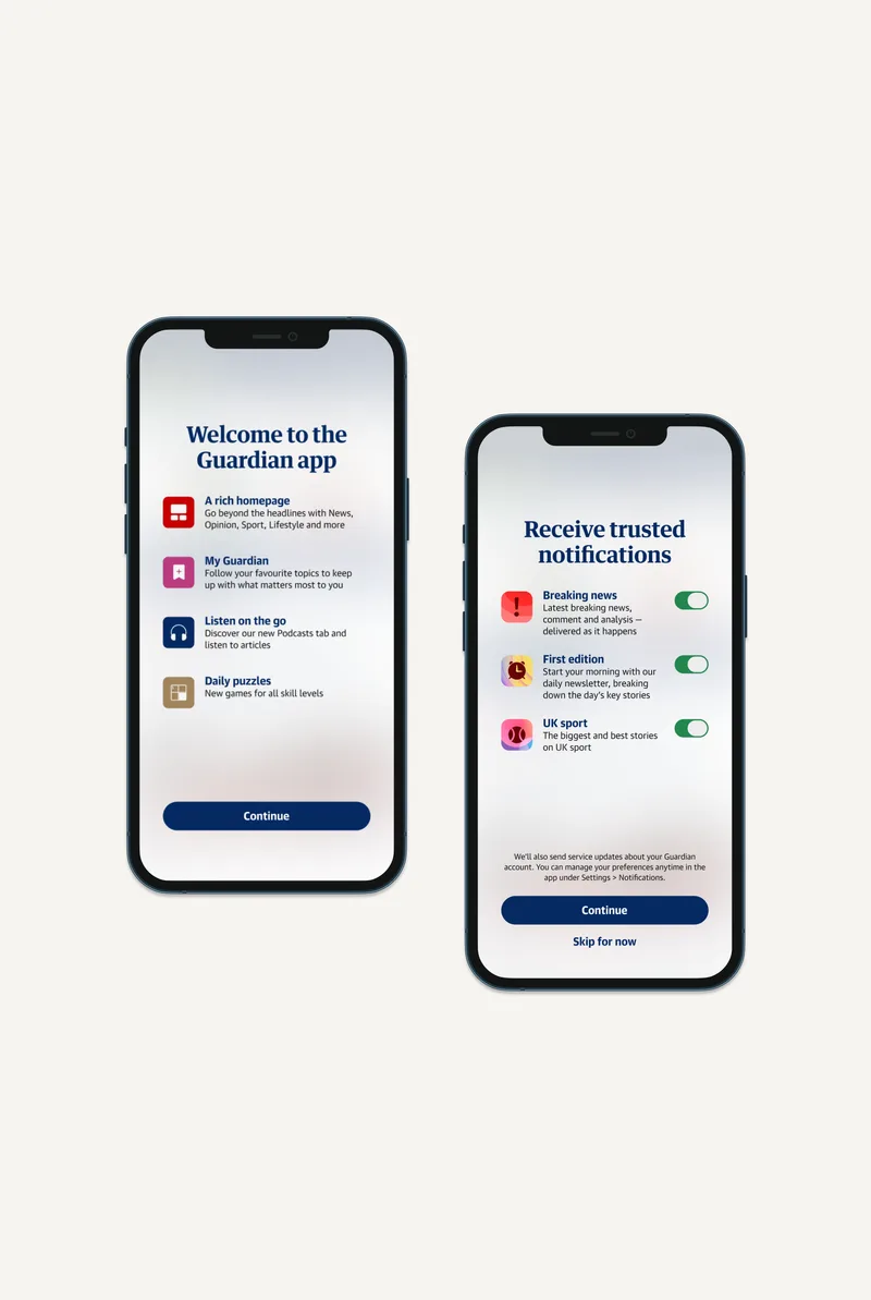 Notification onboarding screens from The Guardian app