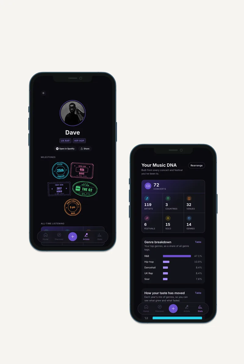 Screens from Scenes, a concert diary app