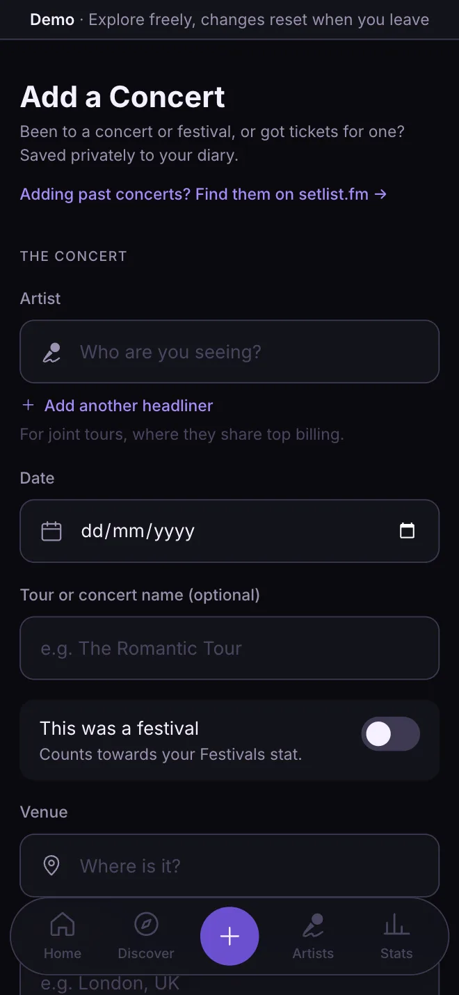 Add a Concert screen