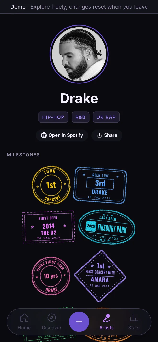 Drake's artist page with milestone stamps