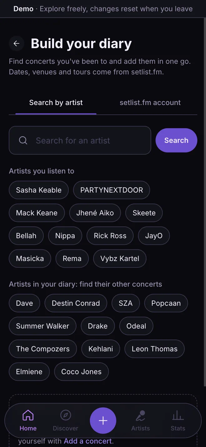 Build your diary screen, searching by artist