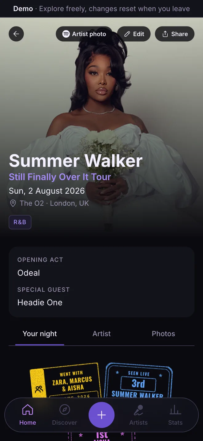 Concert Detail screen for Summer Walker at The O2