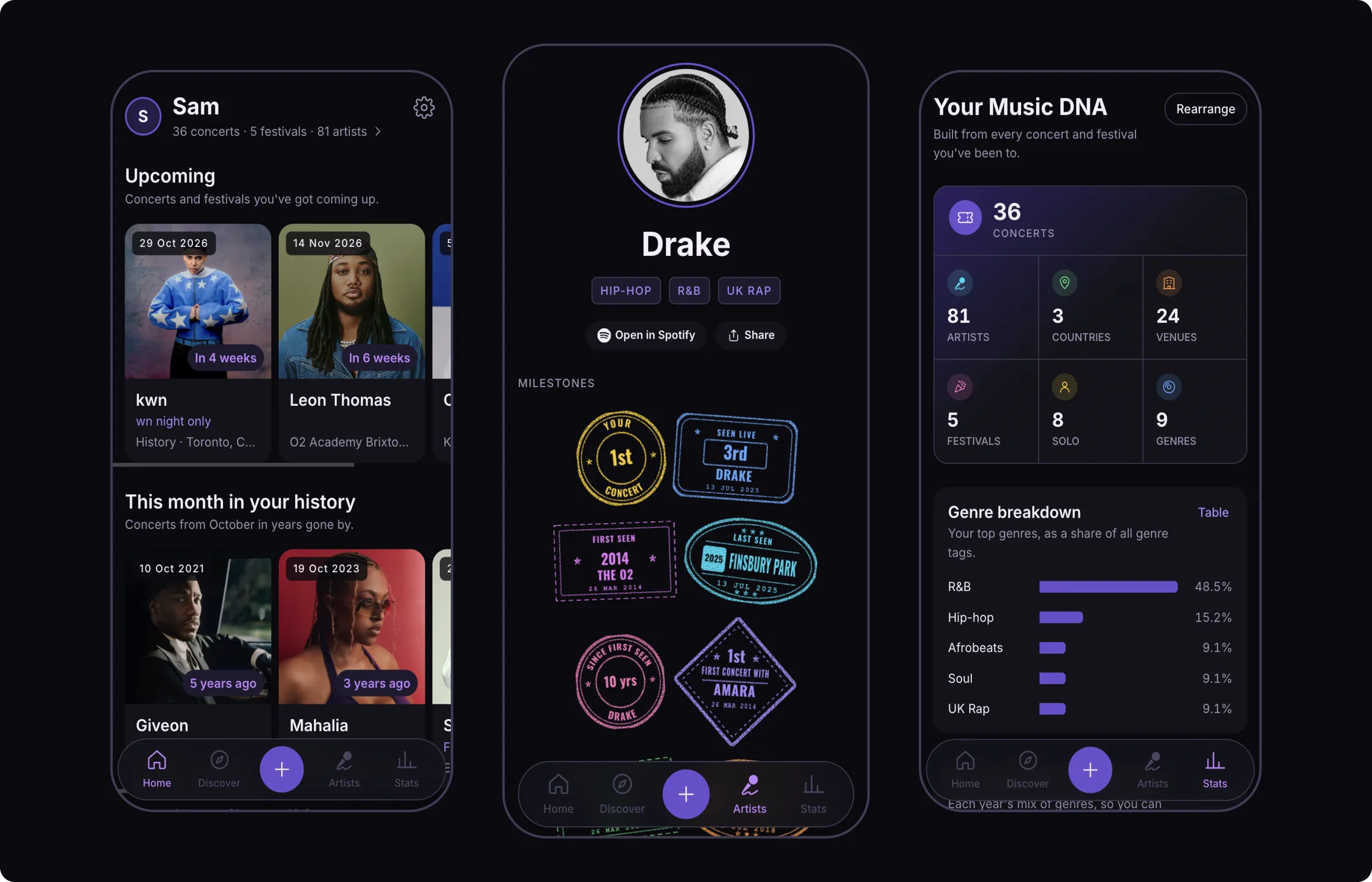 Three Scenes screens: the concert diary, Drake's artist page with milestone stamps, and Your Music DNA stats